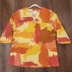 Andrea Jovine Brushstroke V-Neck Linen Blend Tunic with Pockets sz Large